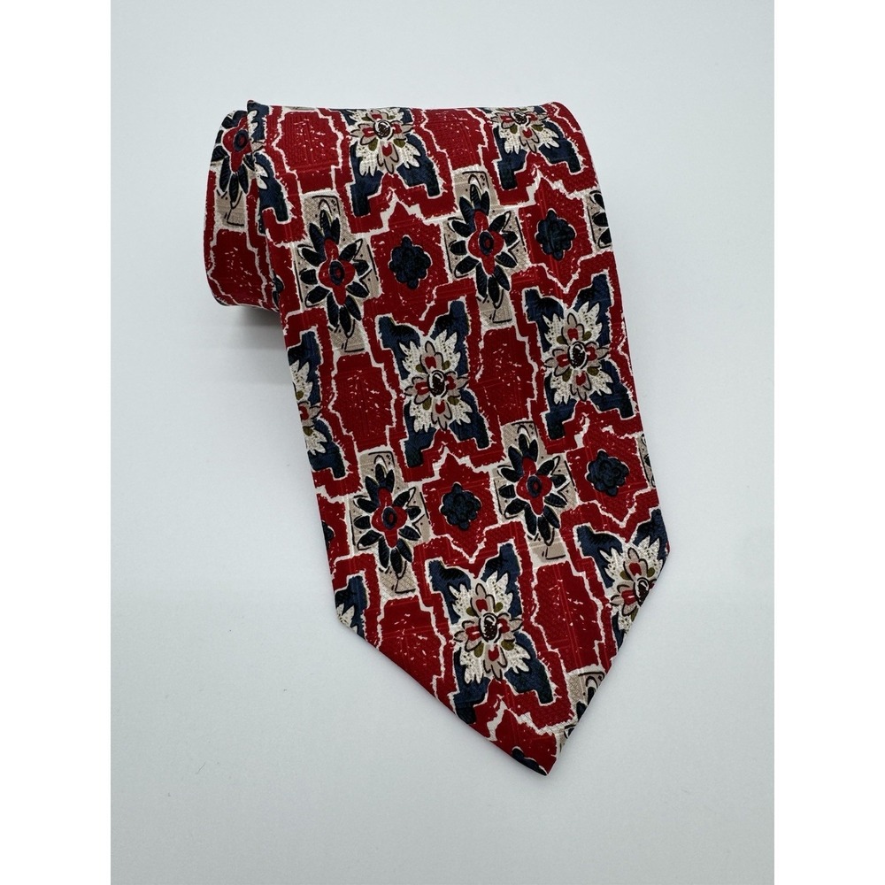 Hickey Freeman Silk Tie Red Blue Floral Geometric USA Hand Sewn‎ Classic Necktie